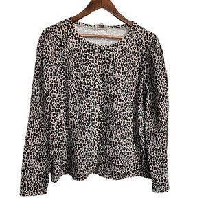 LOFT Womens Black Brown Puff Shoulder Leopard Print Lightweight Sweater Large